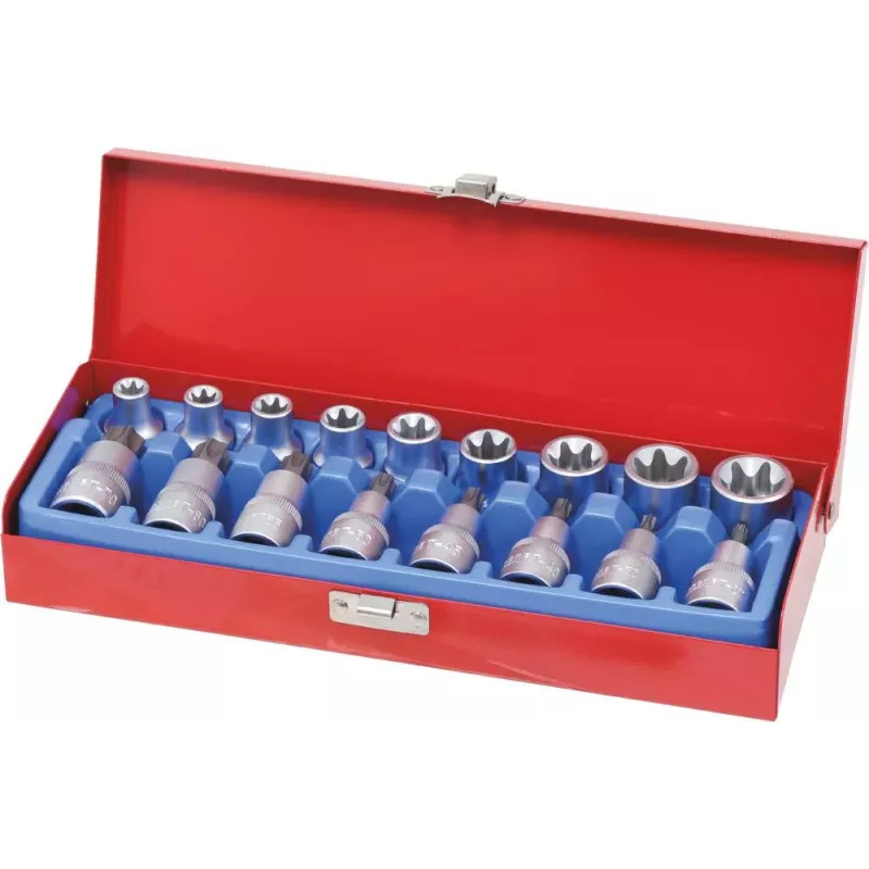 Douilles tournevis 1/2" avec embout 100mm Torx® de T27 à T70 et douille Torx® de E10 à E24 - coffret métallique de 17 pcs