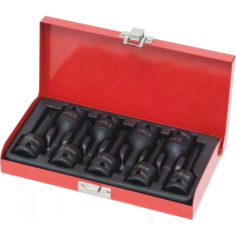 Douilles tournevis à chocs 1/2" avec empreinte Torx® et hexagonal - coffret métallique de 9 pcs