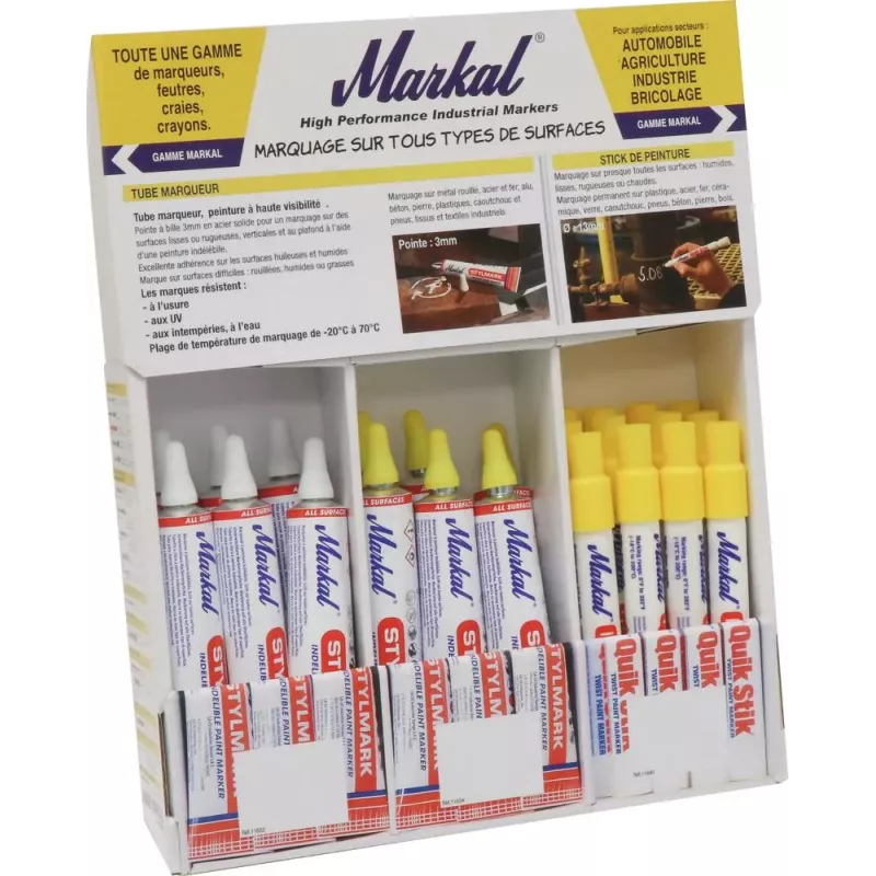 Tube marqueur à bille blanc/jaune + bâton de peinture blanc - présentoir de 32 pcs