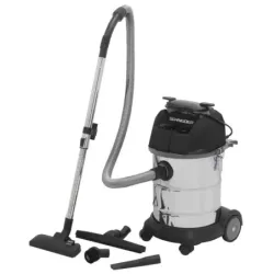 Aspirateur eau et poussière 30L 230V 1200W cuve métallique/prise électroportatif/2 roues fixes/décolmatage/souffleur