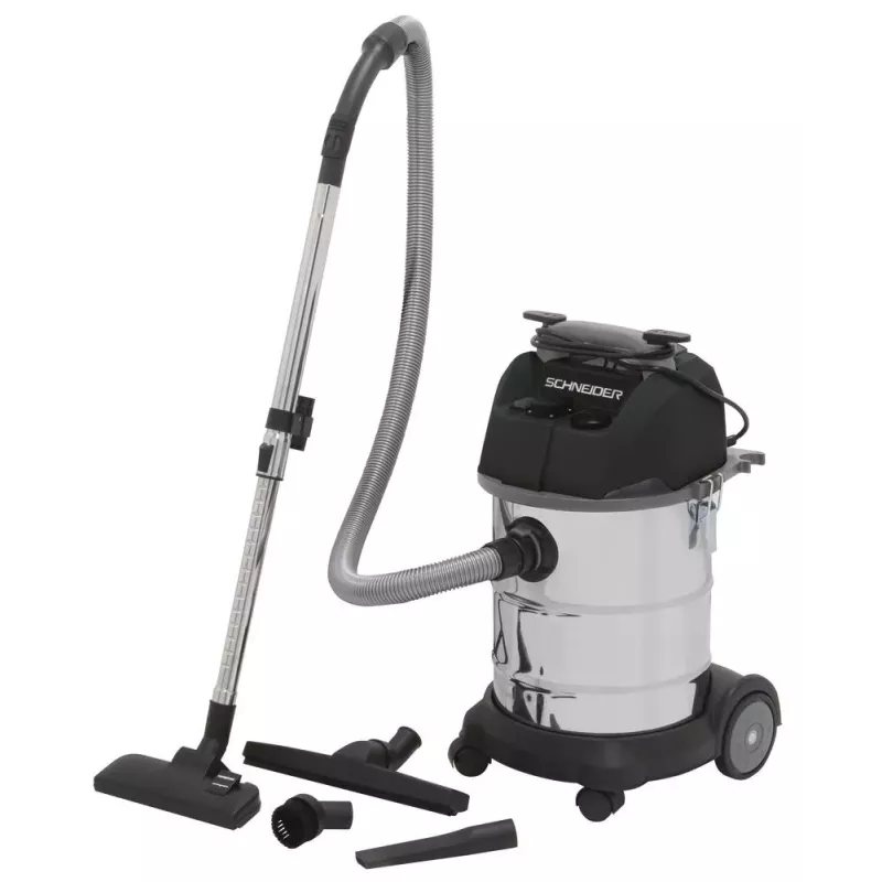 Aspirateur eau et poussière 30L 230V 1200W cuve métallique/prise électroportatif/2 roues fixes/décolmatage/souffleur