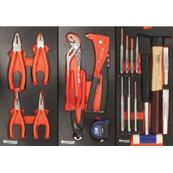 Servante d'atelier 7 tiroirs et 2 portes latérales composée de 107 outils PL - modules finition carbone