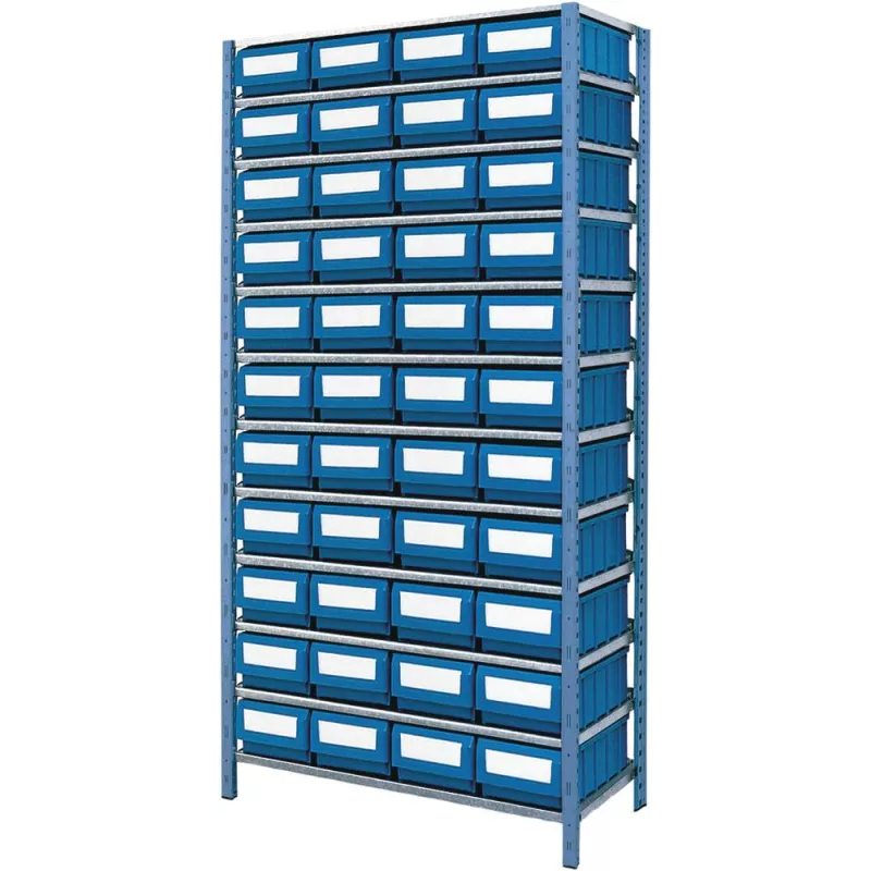 Etagère avec 44 boîtes à bec et 130 séparations 2000x1000x320mm