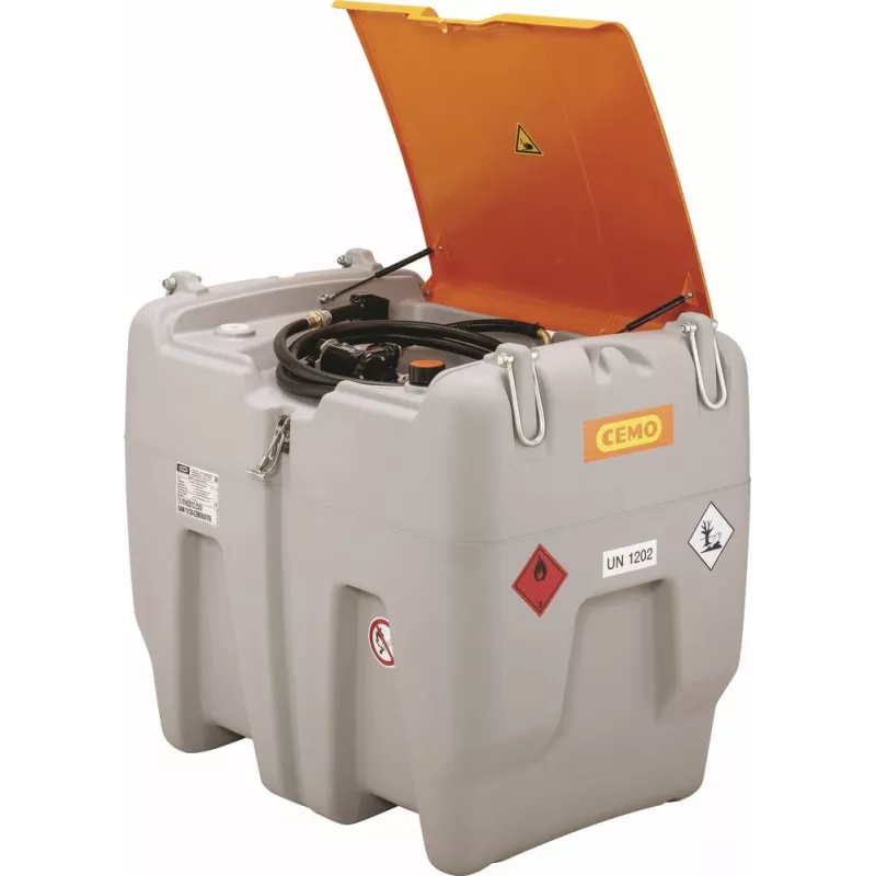Cuve de ravitaillement gasoil PE 620L avec kit pompe à gasoil 12V 45 l/min et pistolet automatique et capot Cuve de ravitaillement gasoil PE 620L avec kit pompe à gasoil 12V 45 l/min et pistolet automatique et capot