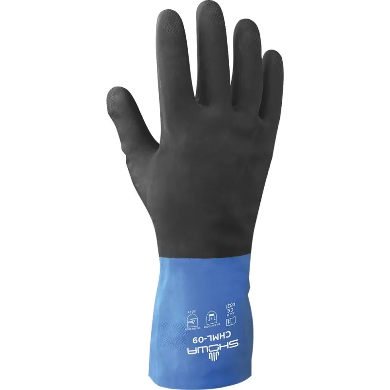 Gants chimiques 100% enduit néoprène noir/bleu 0,66mm Gants chimiques 100% enduit néoprène noir/bleu 0,66mm