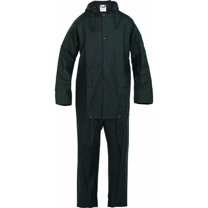 Vêtement de pluie PU/PVC avec capuche - pantalon et veste vert Vêtement de pluie PU/PVC avec capuche - pantalon et veste vert