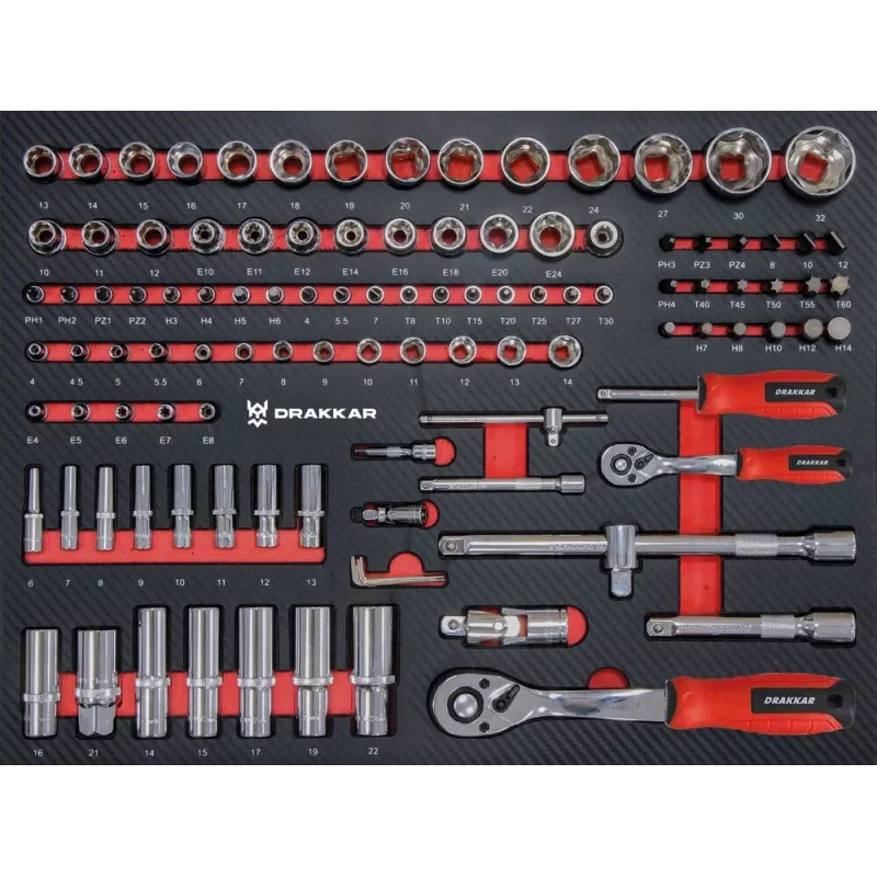 Module mousse 530x395 carbone douilles 1/4" et 1/2" - 110 pcs