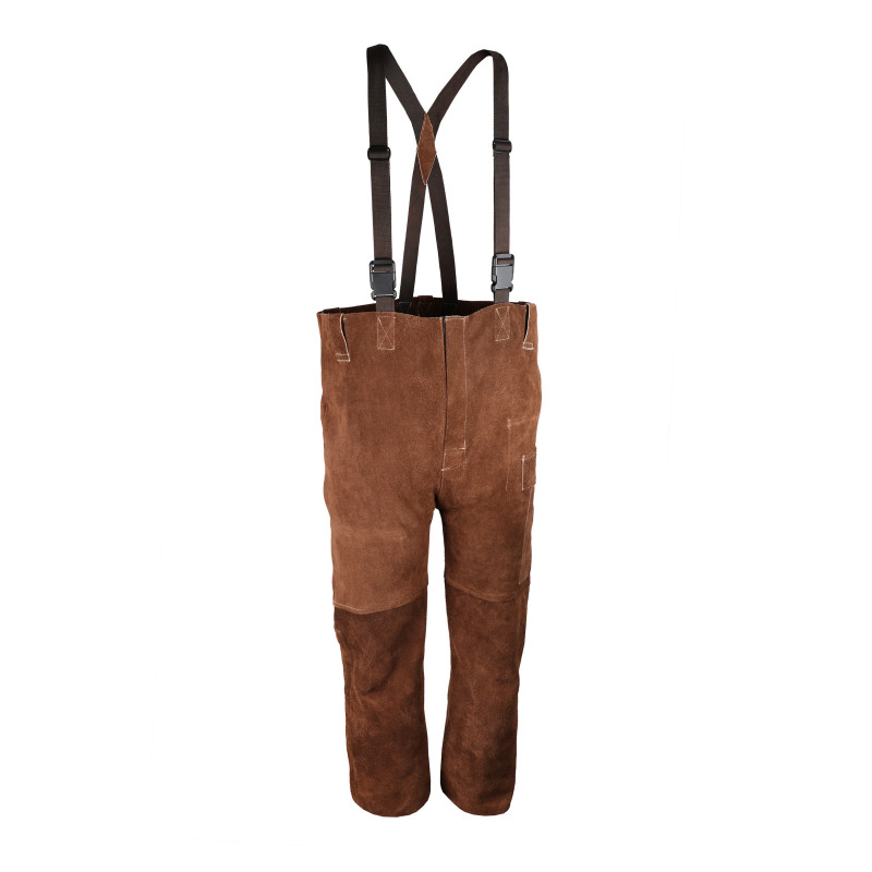 Pantalon bavette de soudage en cuir croûte marron