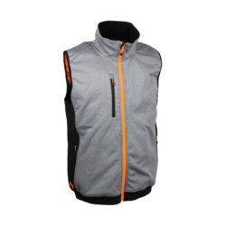 Gilet softshell. 96% polyester et 4% élasthanne, 300g/m².